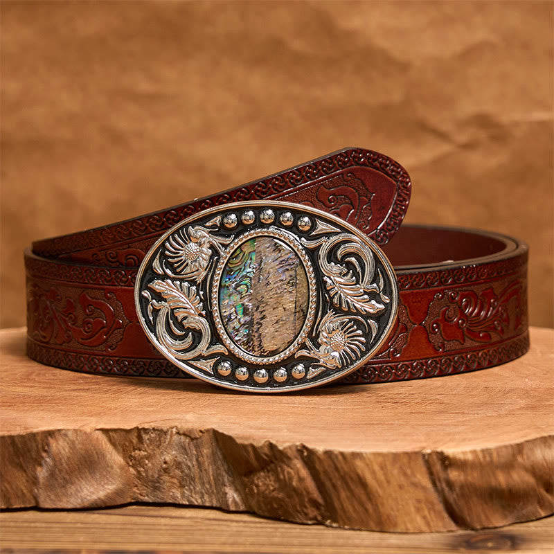 Ceinture en cuir avec boucle DIY en coquillage sculpté argent et noir - Ceinture sculptée marron - 42 - image 7