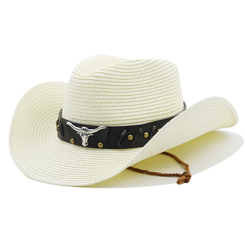 Chapeau de paille pour homme avec ceinture à bord noir et tête de taureau argentée de style western - Blanc laiteux - M (22"-22 7/8") - image 7