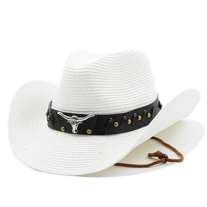 Chapeau de paille pour homme avec ceinture à bord noir et tête de taureau argentée de style western - Blanc - M (22"-22 7/8") - image 8