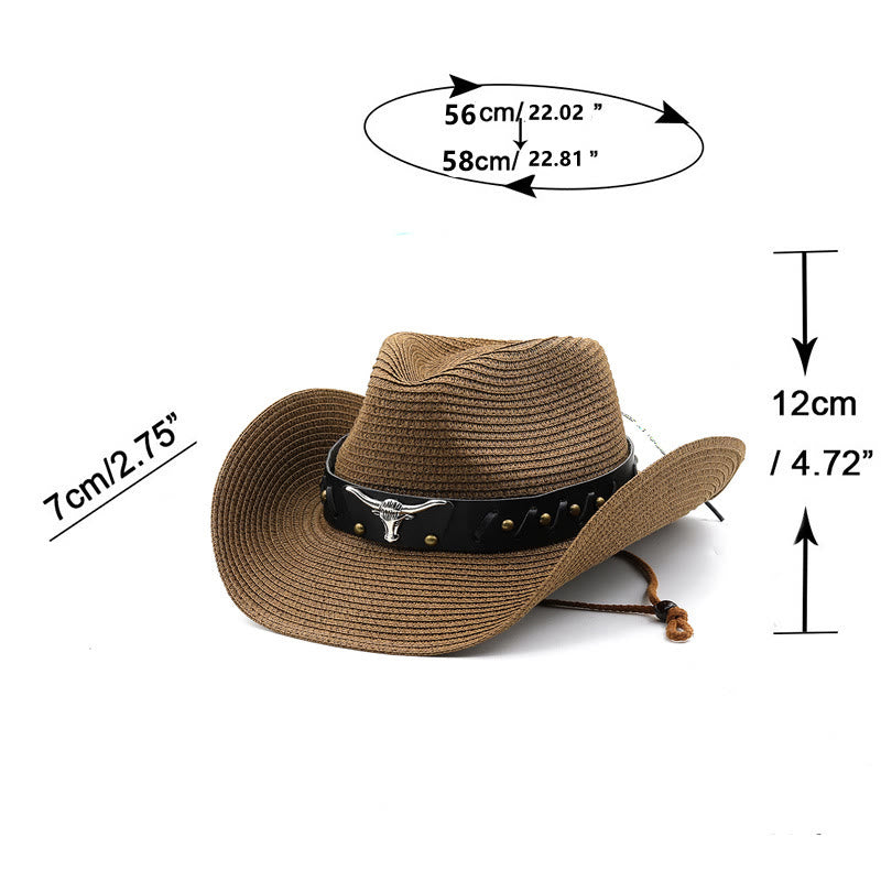 Chapeau de paille pour homme avec ceinture à bord noir et tête de taureau argentée de style western - image 5