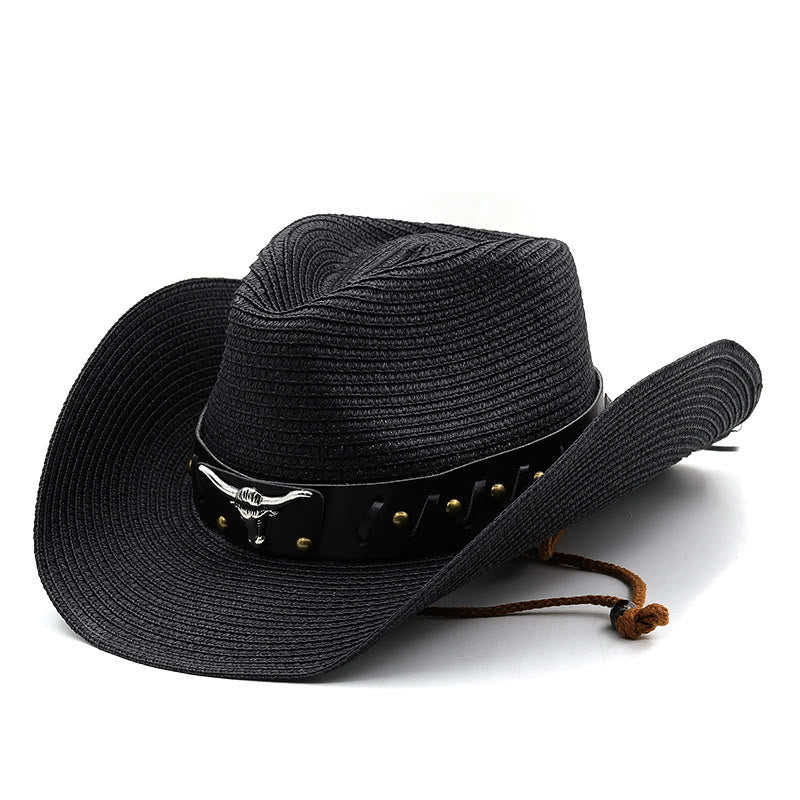 Chapeau de paille pour homme avec ceinture à bord noir et tête de taureau argentée de style western - Noir - M (22"-22 7/8") - image 9