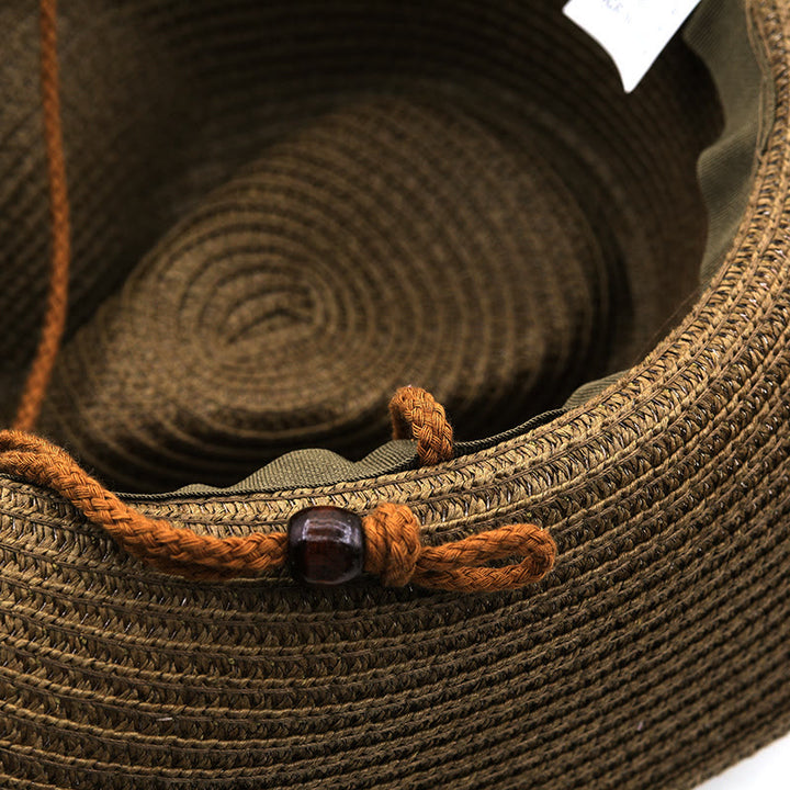 Chapeau de paille pour homme avec ceinture à bord noir et tête de taureau argentée de style western - image 3