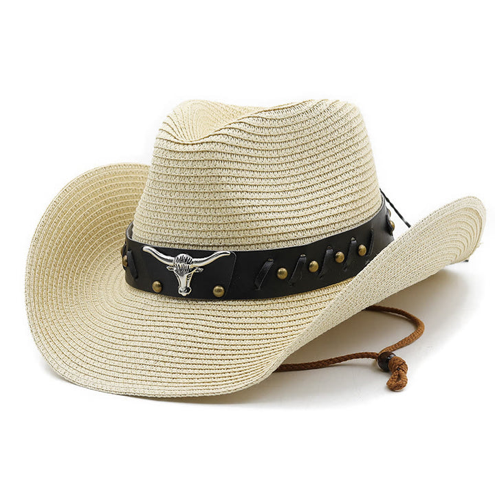 Chapeau de paille pour homme avec ceinture à bord noir et tête de taureau argentée de style western - Beige - M (22"-22 7/8") - image 6