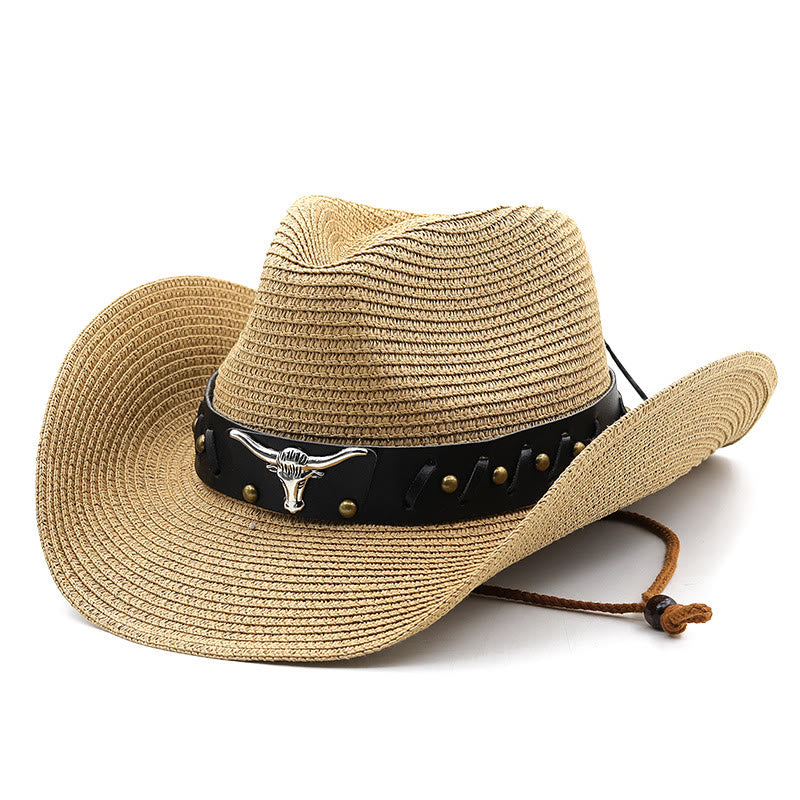 Chapeau de paille pour homme avec ceinture à bord noir et tête de taureau argentée de style western - Kaki - M (22"-22 7/8") - image 10