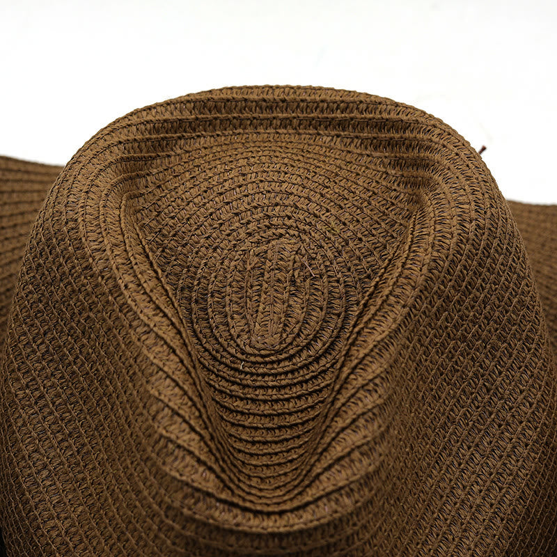 Chapeau de paille pour homme avec ceinture à bord noir et tête de taureau argentée de style western - image 2