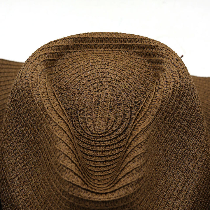 Chapeau de paille pour homme avec ceinture à bord noir et tête de taureau argentée de style western - image 2
