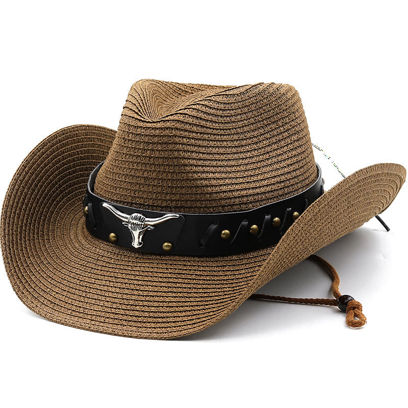 Chapeau de paille pour homme avec ceinture à bord noir et tête de taureau argentée de style western - Café - M (22"-22 7/8") - image 0