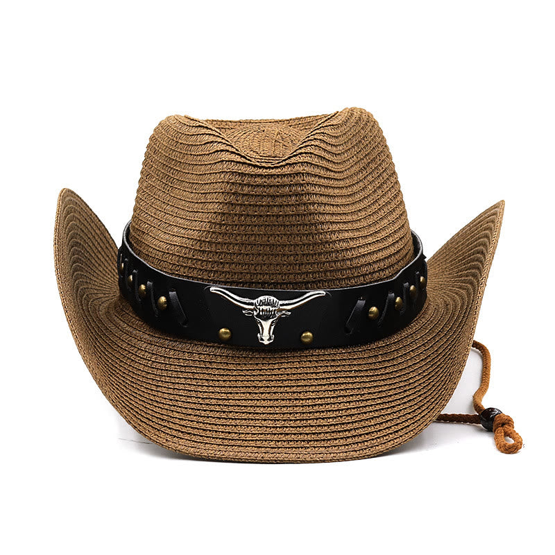 Chapeau de paille pour homme avec ceinture à bord noir et tête de taureau argentée de style western - image 1