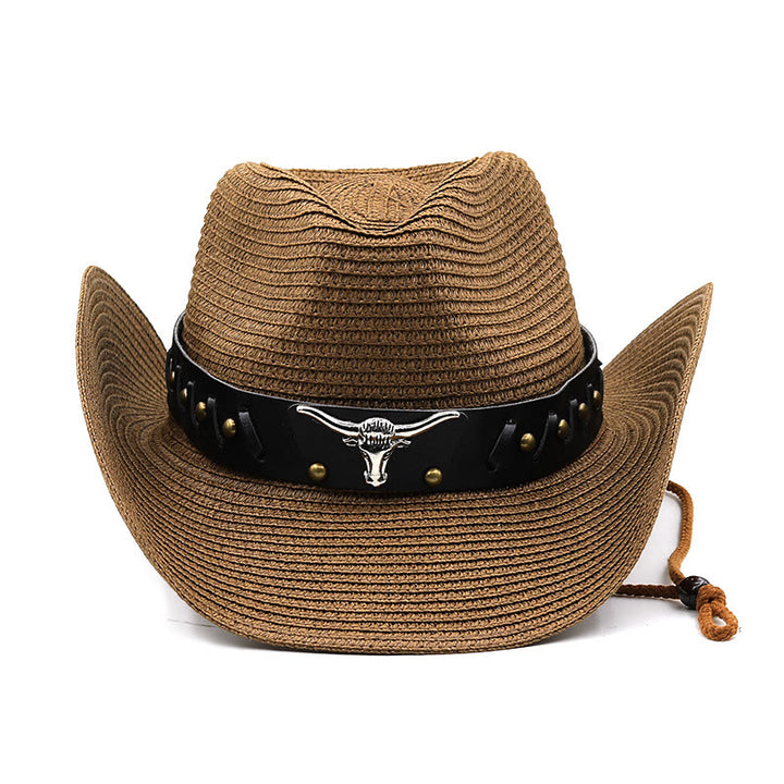 Chapeau de paille pour homme avec ceinture à bord noir et tête de taureau argentée de style western - image 1