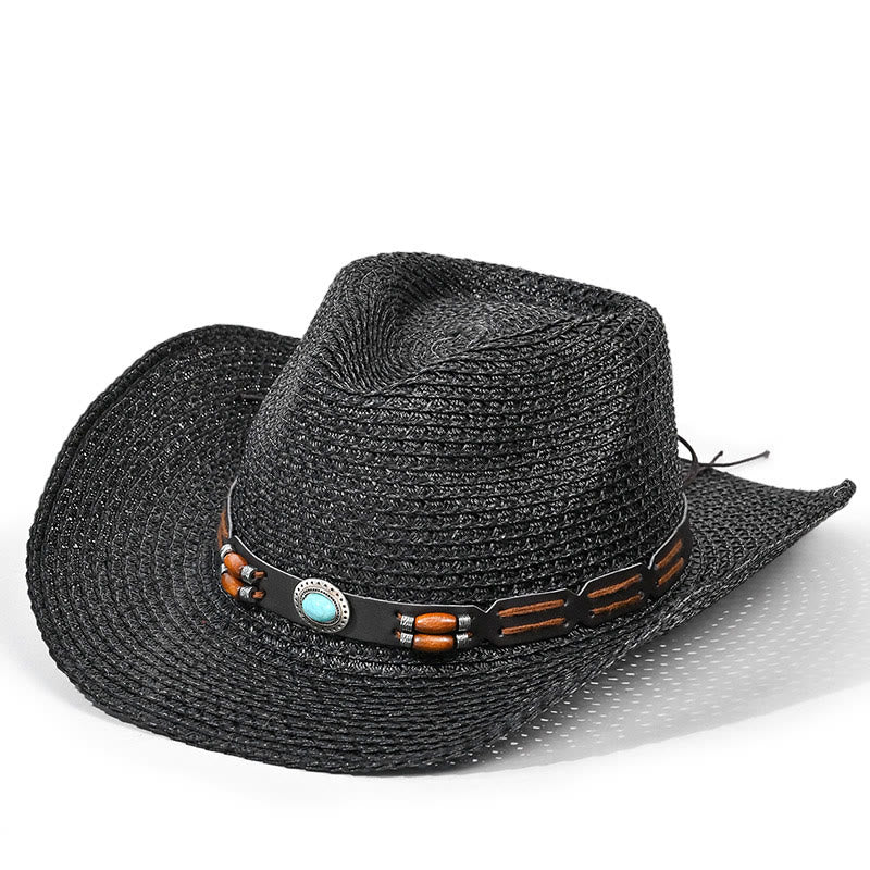Chapeau de cowboy bohème en paille à bord turquoise et ceinture pour homme - Style n° 2 - M (22"-22 7/8") - image 2