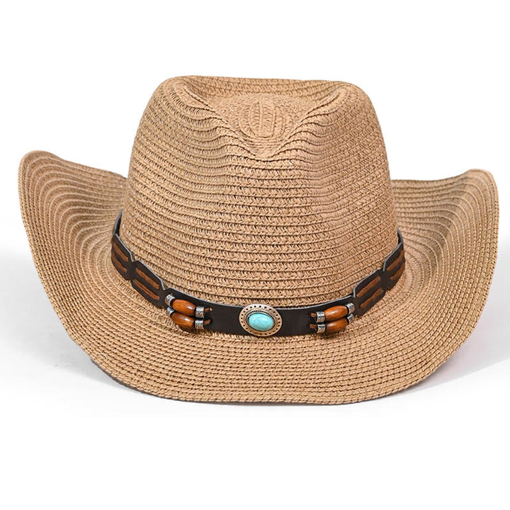Chapeau de cowboy bohème en paille à bord turquoise et ceinture pour homme - image 1
