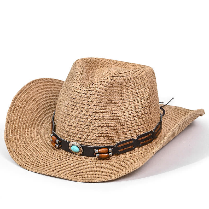 Chapeau de cowboy bohème en paille à bord turquoise et ceinture pour homme - Style n° 1 - M (22"-22 7/8") - image 0
