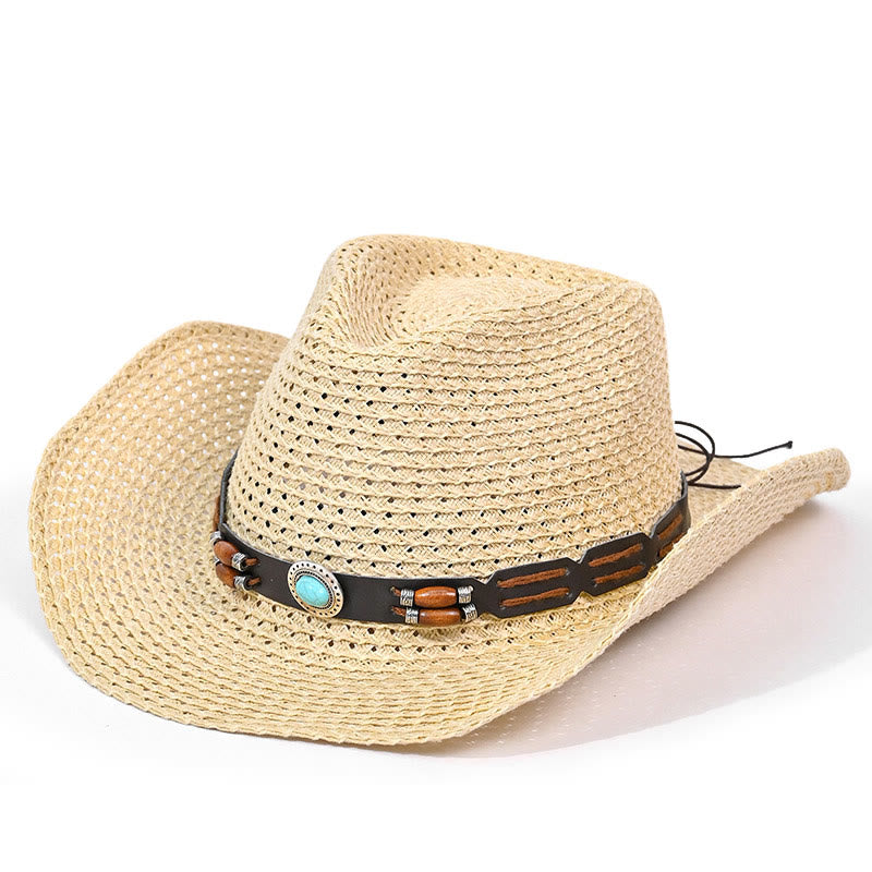 Chapeau de cowboy bohème en paille à bord turquoise et ceinture pour homme - Style n° 4 - M (22"-22 7/8") - image 4