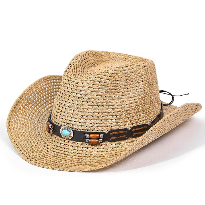 Chapeau de cowboy bohème en paille à bord turquoise et ceinture pour homme - Style n° 3 - M (22"-22 7/8") - image 3