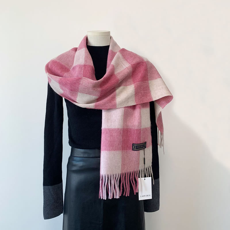 Écharpe en laine à carreaux vintage pour femme, idéale pour l'hiver et pour rester au chaud. - Rose - image 3