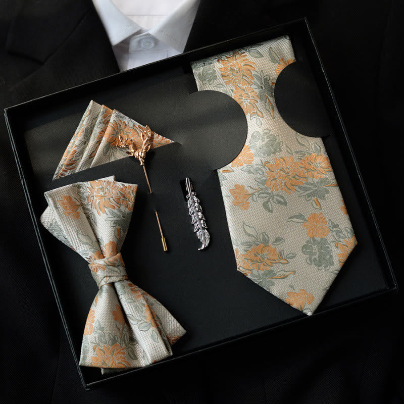 Coffret cadeau de 5 nœuds papillon beiges à motif floral pour homme - Beige - image 0