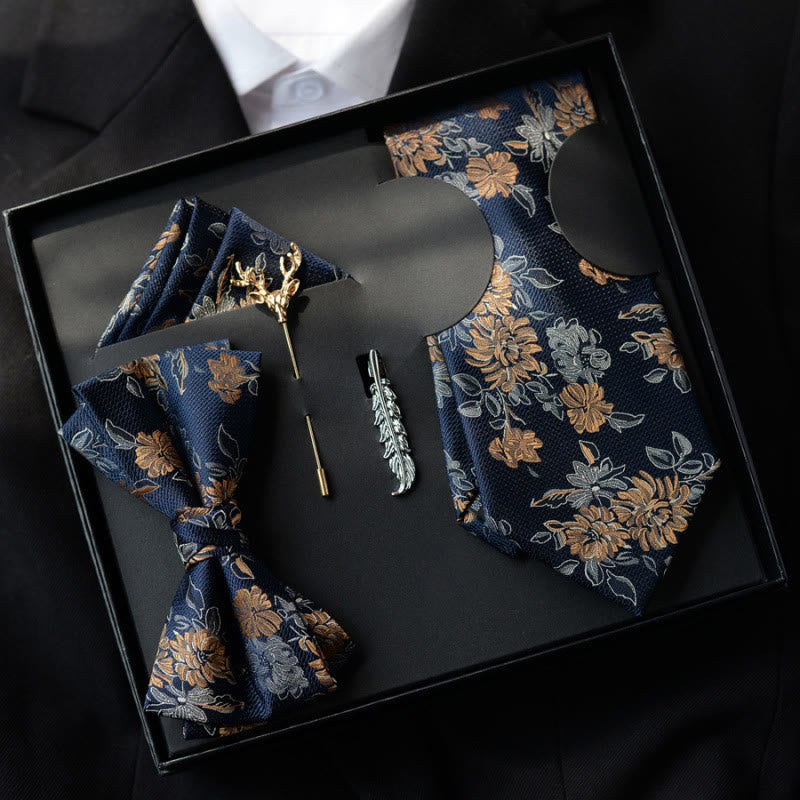 Coffret cadeau de 5 nœuds papillon bleus à motif floral pour homme - Bleu - image 0