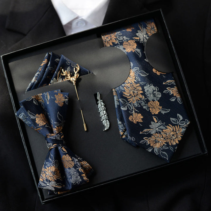 Coffret cadeau de 5 nœuds papillon bleus à motif floral pour homme - Bleu - image 0