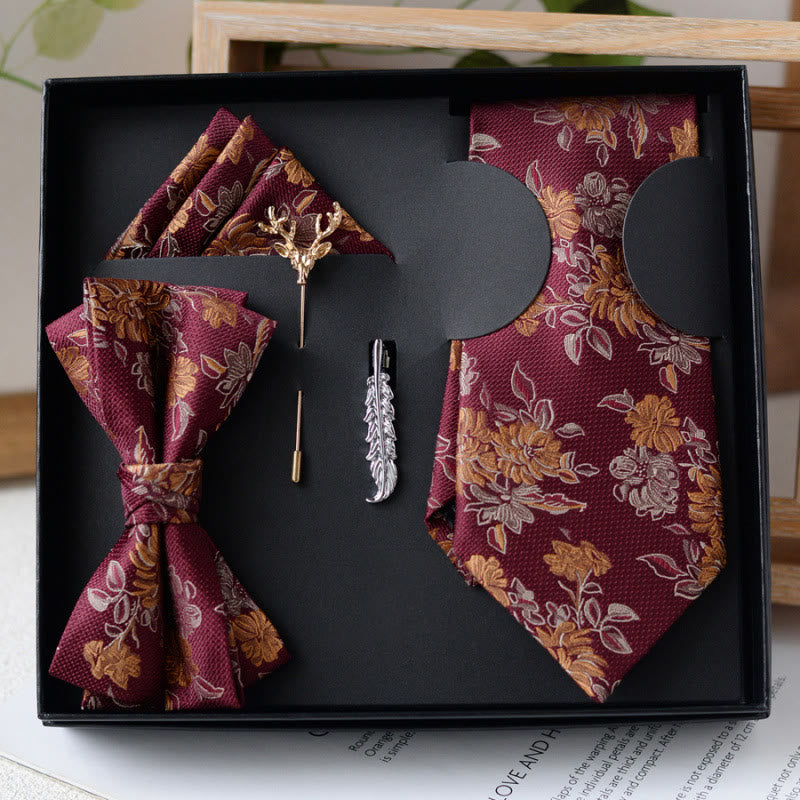 Coffret cadeau de 5 nœuds papillon bordeaux à motif floral pour homme - Bourgogne - image 0
