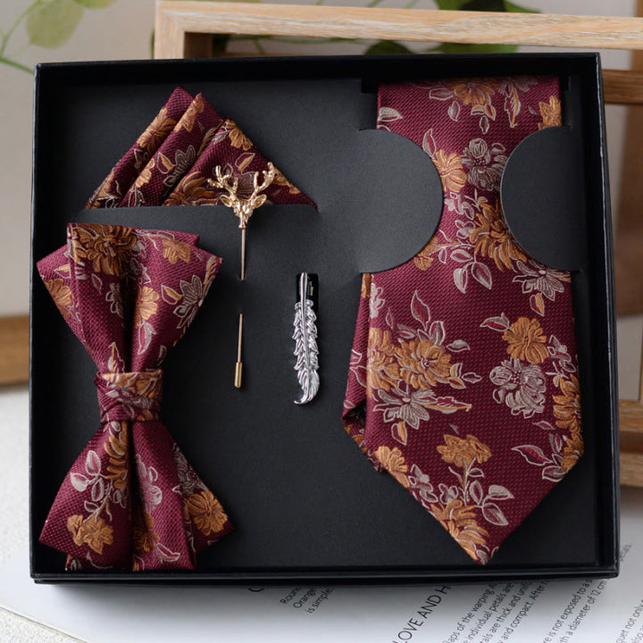 Coffret cadeau de 5 nœuds papillon bordeaux à motif floral pour homme - Bourgogne - image 0