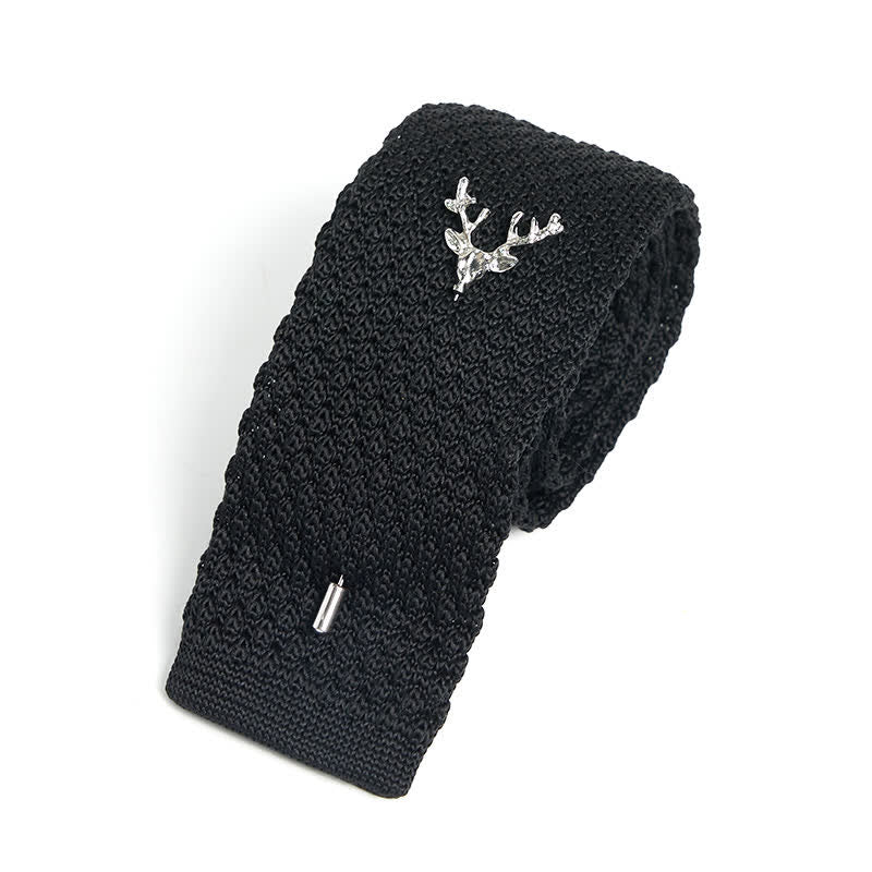 Cravate tricotée pour homme avec broche cerf - Noir et argent - image 5