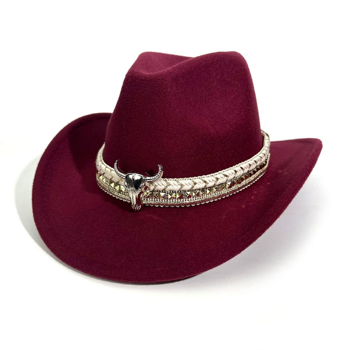 Chapeau de cowboy pour homme, style western, à bord arrondi et ceinture en métal - Vin - M (22"-22 7/8") - image 5