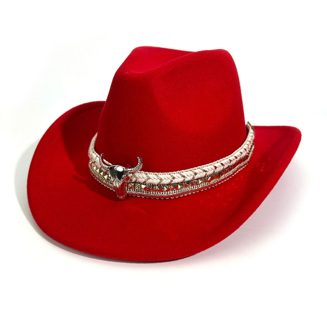 Chapeau de cowboy pour homme, style western, à bord arrondi et ceinture en métal - Rouge - M (22"-22 7/8") - image 7