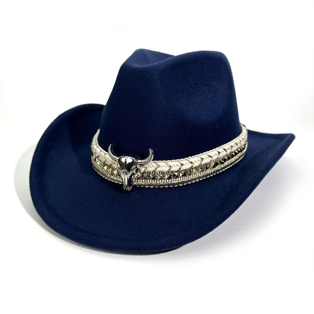 Chapeau de cowboy pour homme, style western, à bord arrondi et ceinture en métal - Bleu marine - M (22"-22 7/8") - image 11