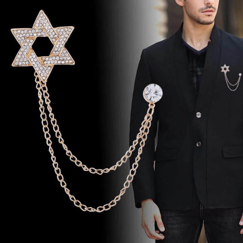 Broche chaîne étoile de David en strass pour homme - image 0