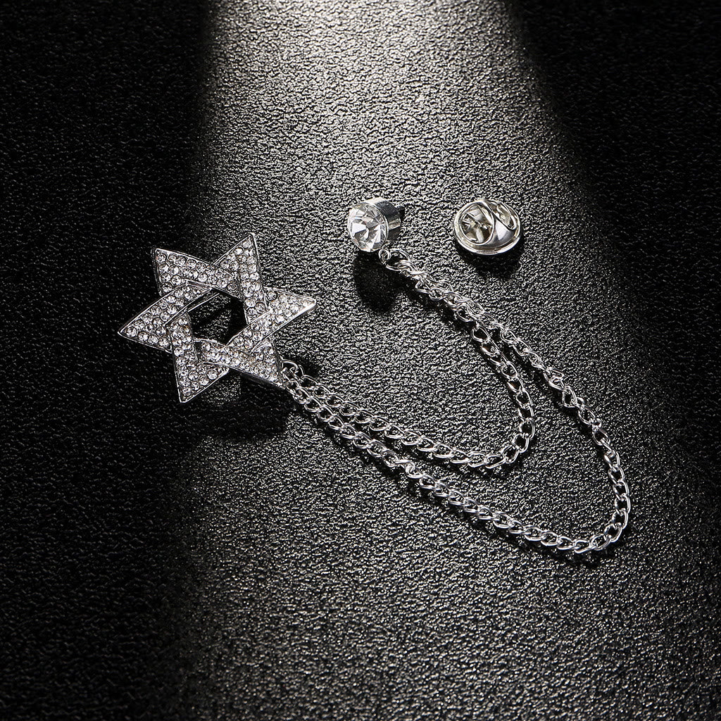 Broche chaîne étoile de David en strass pour homme - Argent - image 2