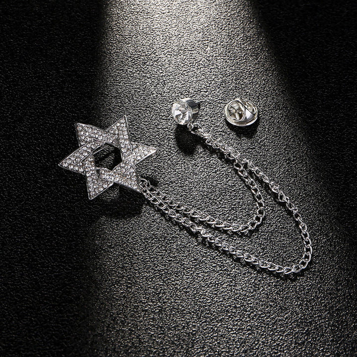 Broche chaîne étoile de David en strass pour homme - Argent - image 2