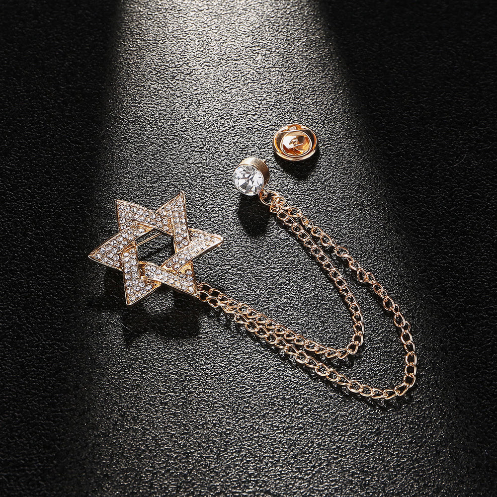 Broche chaîne étoile de David en strass pour homme - Or - image 1