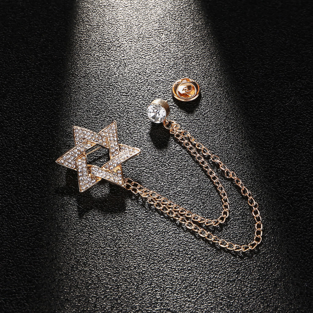 Broche chaîne étoile de David en strass pour homme - Or - image 1