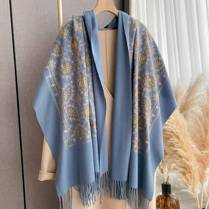 Châle à franges à motif floral vintage pour femme - Bleu royal - image 2