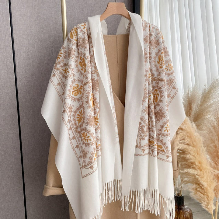 Châle à franges à motif floral vintage pour femme - Blanc - image 0