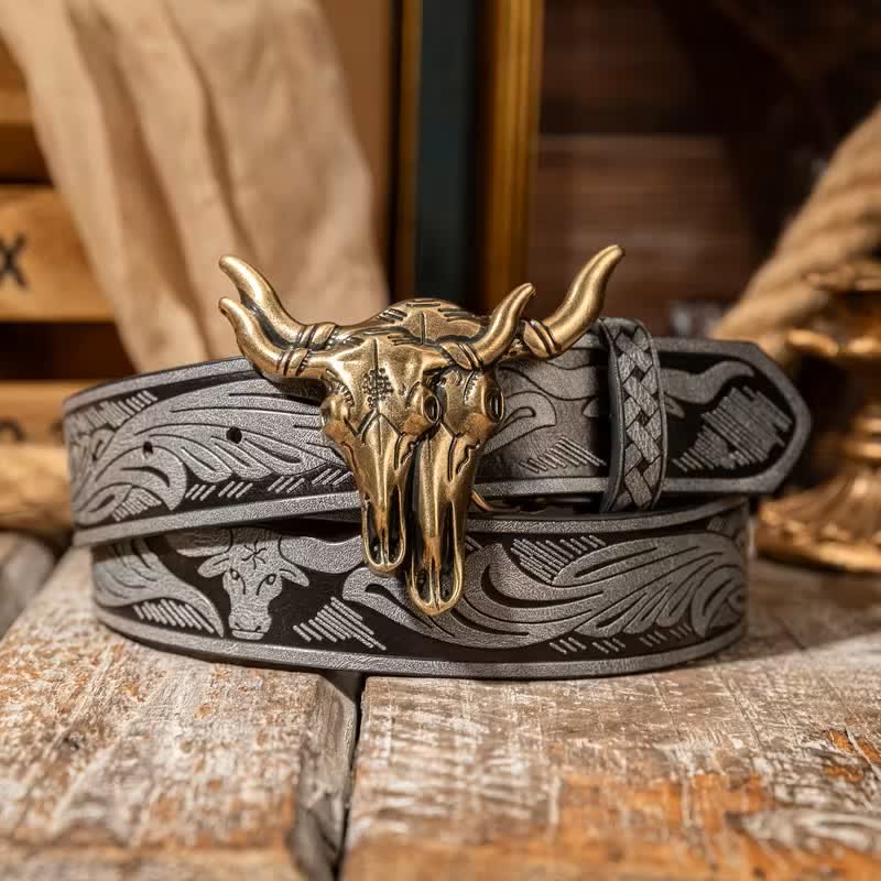 Ceinture en cuir gaufré style western à double tête de taureau - Gris / Bronze - 38 - image 5