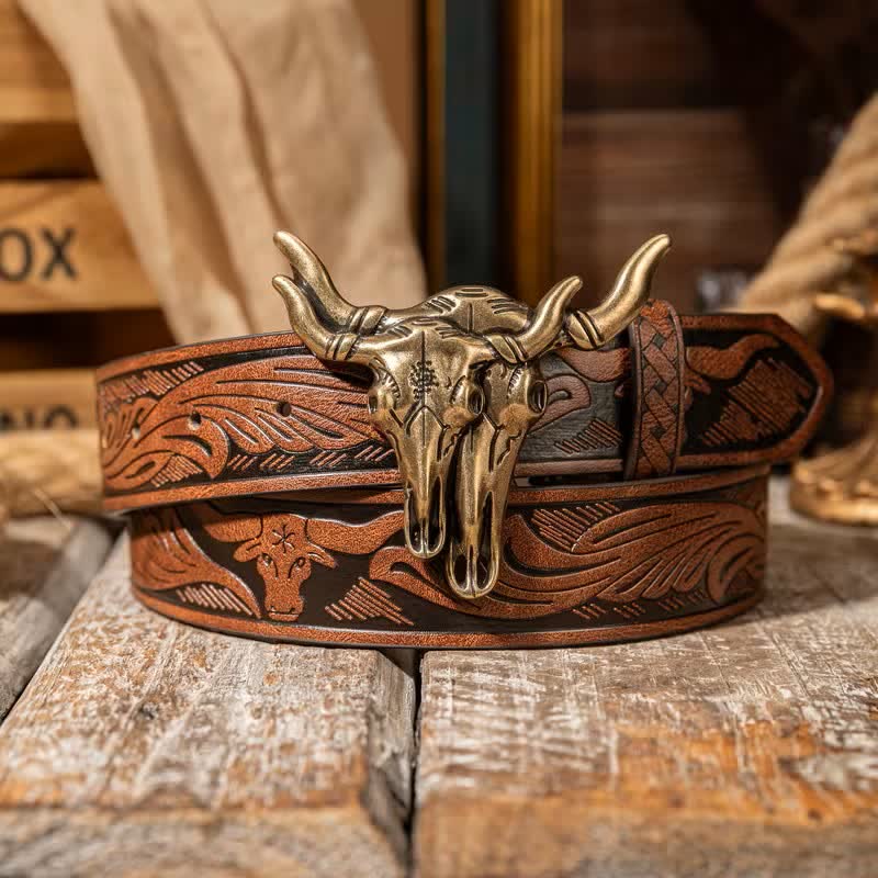 Ceinture en cuir gaufré style western à double tête de taureau - Brun/Bronze - 38 - image 7