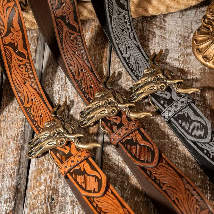 Ceinture en cuir gaufré style western à double tête de taureau - image 1