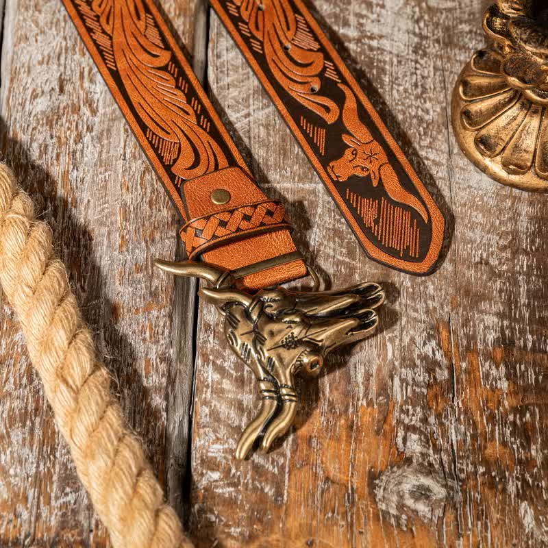 Ceinture en cuir gaufré style western à double tête de taureau - image 3