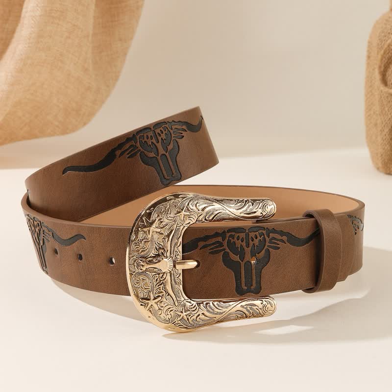 Ceinture en cuir à motif tête de taureau Longhorn en relief - Caramel - 42 - image 4