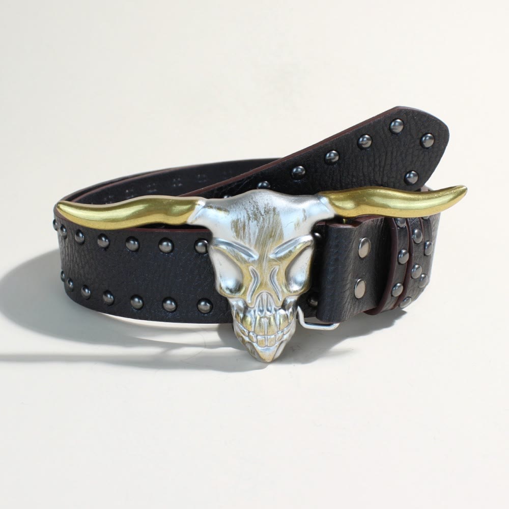 Ceinture western pour homme avec boucle à rivets et tête de taureau Longhorn doré - Tête de taureau Golden Longhorn - Rivets noirs - 34 - image 0