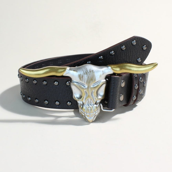 Ceinture western pour homme avec boucle à rivets et tête de taureau Longhorn doré - Tête de taureau Golden Longhorn - Rivets noirs - 34 - image 0
