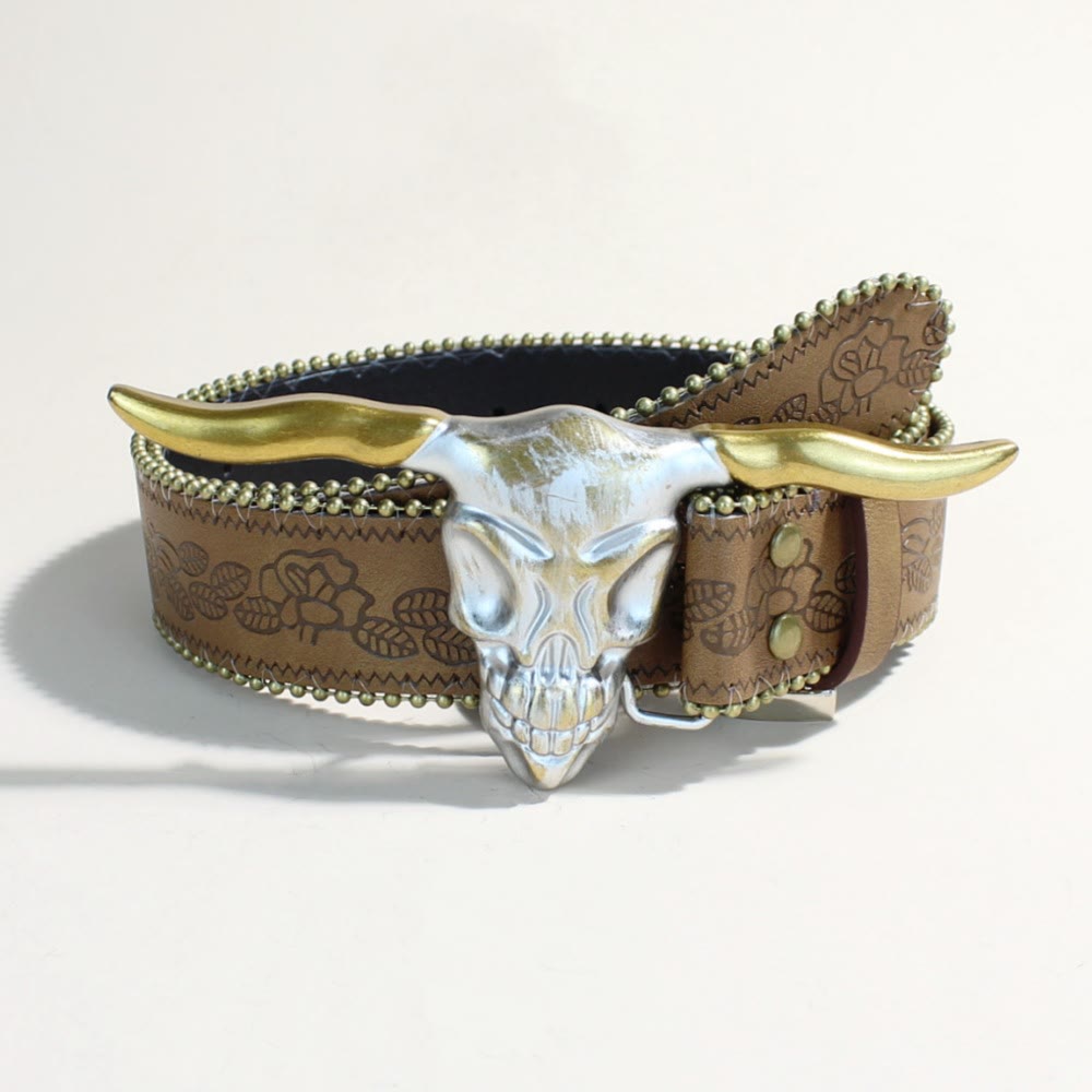 Ceinture western pour homme avec boucle à rivets et tête de taureau Longhorn doré - Tête de taureau Golden Longhorn - Impression brune - 34 - image 4
