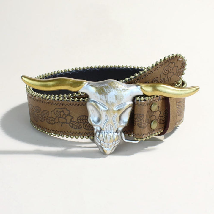 Ceinture western pour homme avec boucle à rivets et tête de taureau Longhorn doré - Tête de taureau Golden Longhorn - Impression brune - 34 - image 4