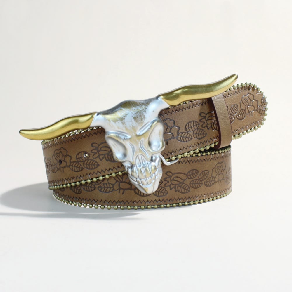 Ceinture western pour homme avec boucle à rivets et tête de taureau Longhorn doré - image 5