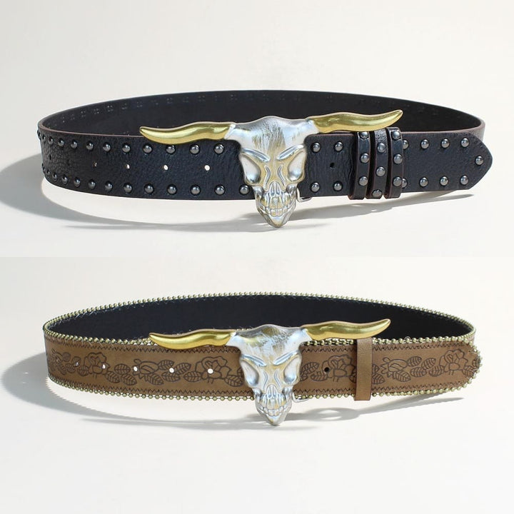 Ceinture western pour homme avec boucle à rivets et tête de taureau Longhorn doré - image 8