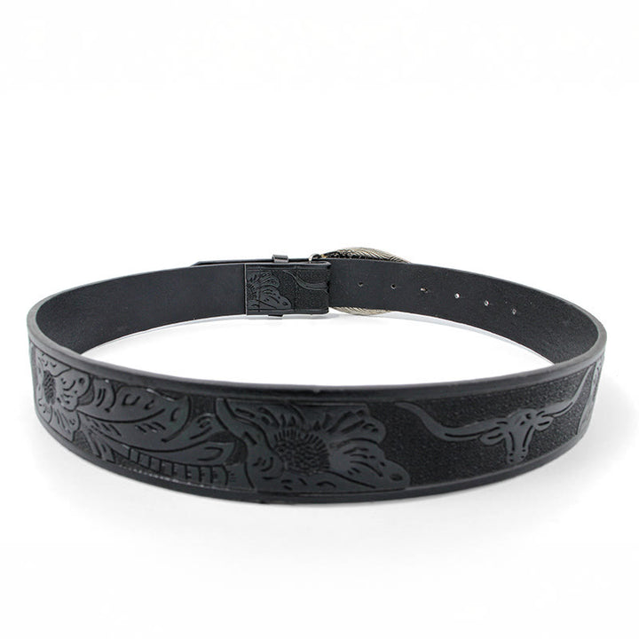 Ceinture noire sculptée avec boucle à motif tête de taureau doré pour homme - image 2