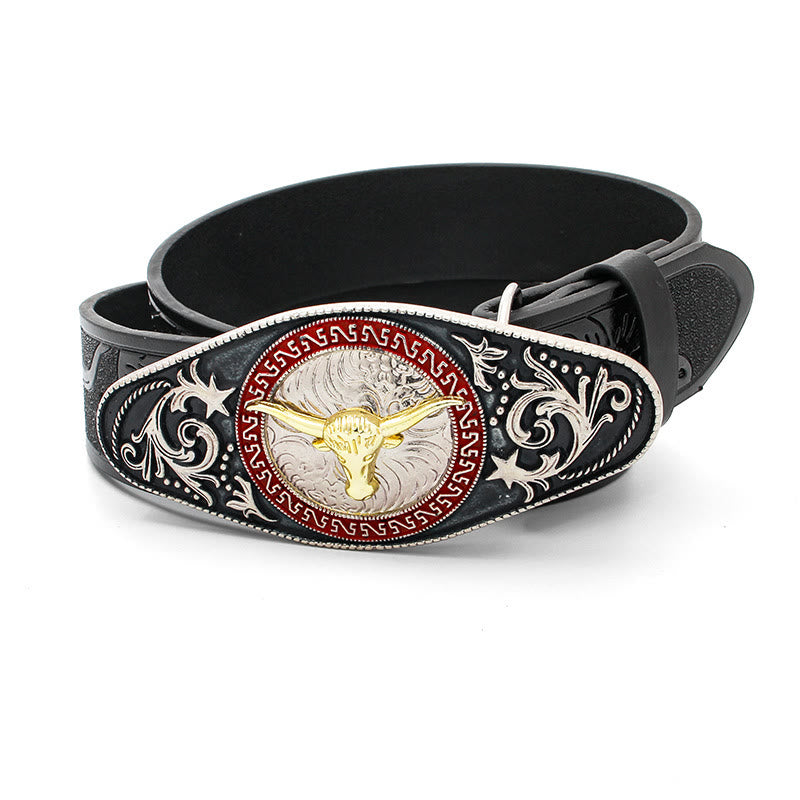 Ceinture noire sculptée avec boucle à motif tête de taureau doré pour homme - image 1