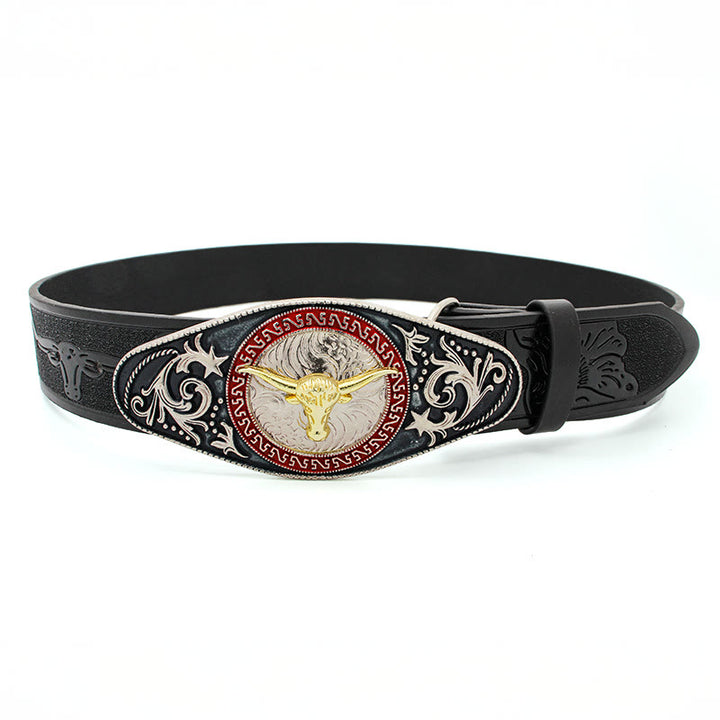 Ceinture noire sculptée avec boucle à motif tête de taureau doré pour homme - Taureau d'or - 34 - image 0
