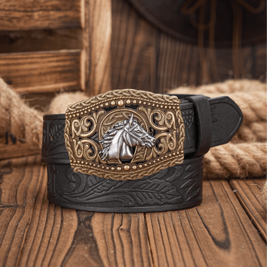 Ceinture pour homme en argent avec boucle ajourée en forme de tête de cheval sculptée - Tête de cheval argentée - Noir - 38 - image 1
